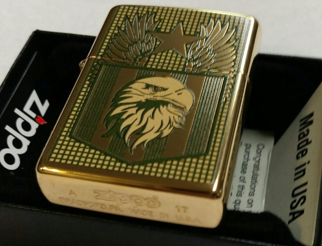 Zippo Lighter Eagle Flag High Polish Brass Engraved New In Box Rare Mnt Jack Rabbits Vintage 